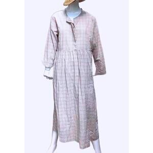 Serendipity Pastel Plaid Organic Cotton Midi Shirt Dress Long Sleeve Pockets.  L